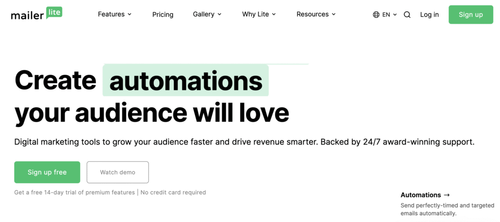 Homepage di MailerLite