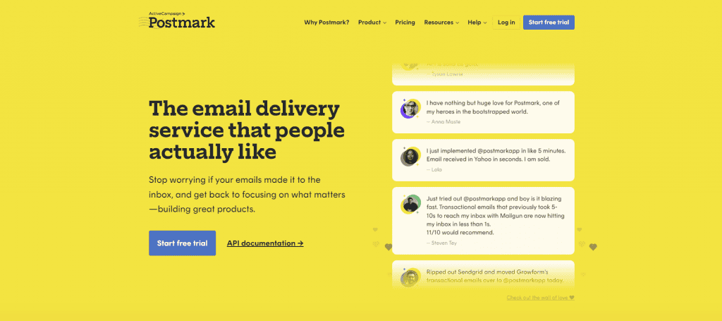 La homepage ufficiale di Postmark con un pulsante per avviare la prova gratuita.