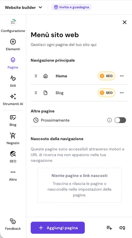 Il menu Pagine nel website builder di Hostinger