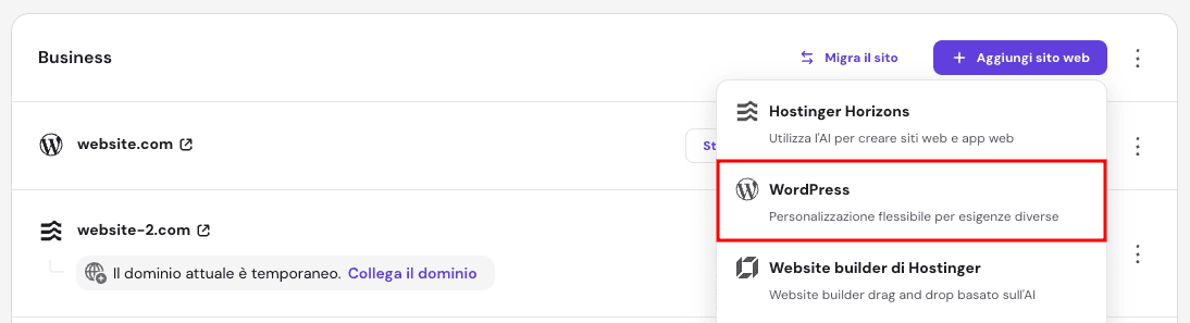 La pagina Siti web su hPanel. Il pulsante Manage &egrave; evidenziato