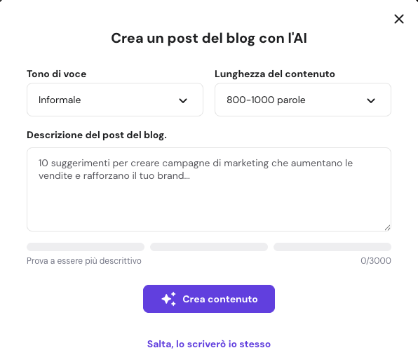 Finestra pop-up del website builder di Hostinger per creare un articolo del blog con l&rsquo;IA