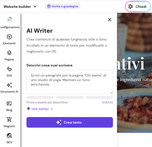 L'AI Writer nel website builder di Hostinger