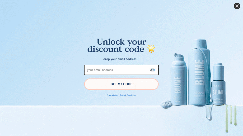 Un pop-up sul sito di Blume per invitare i clienti a iscriversi alla sua mailing list.