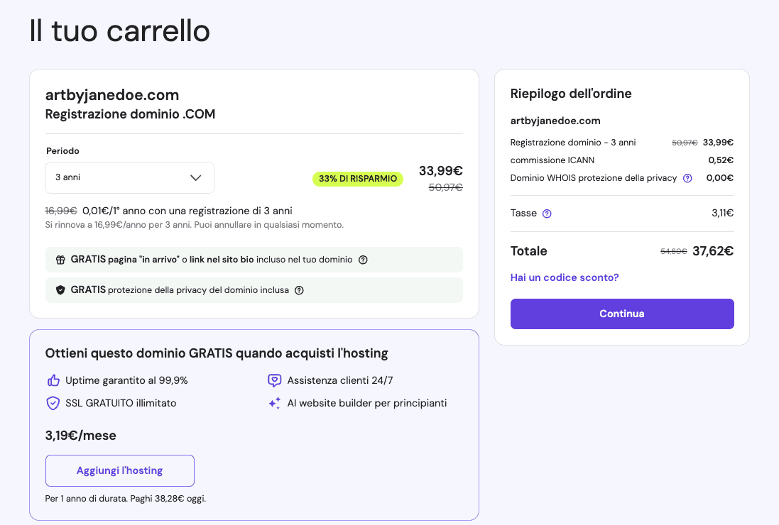 Acquisto di un dominio per il tuo sito web con Hostinger