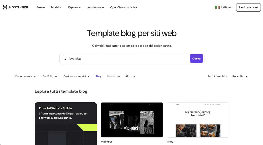 Categorie dei template di siti web per blog del website builder di Hostinger con Blog e Thos evidenziati