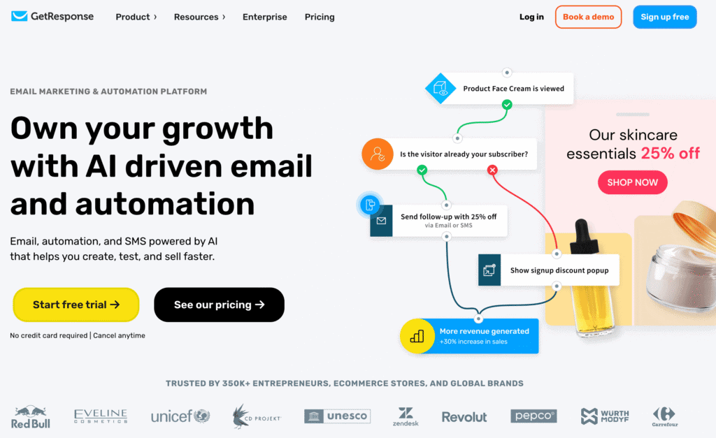Homepage di GetResponse