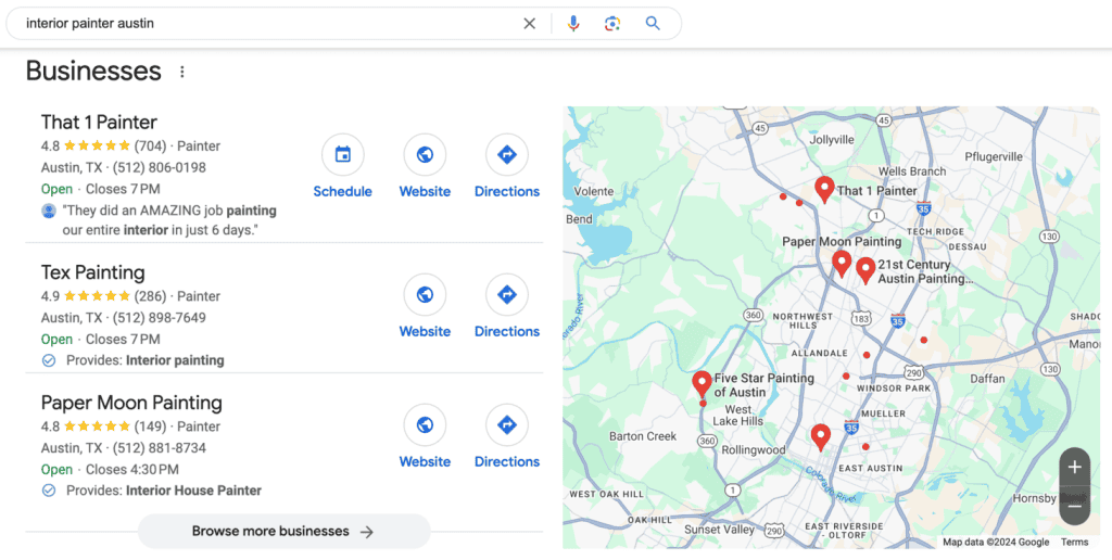 Risultati di ricerca che mostrano le schede di Google My Business