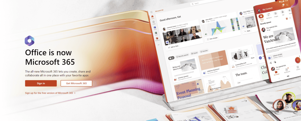 La homepage ufficiale di Office 365 con pulsanti per accedere e ottenere i servizi Microsoft 365.