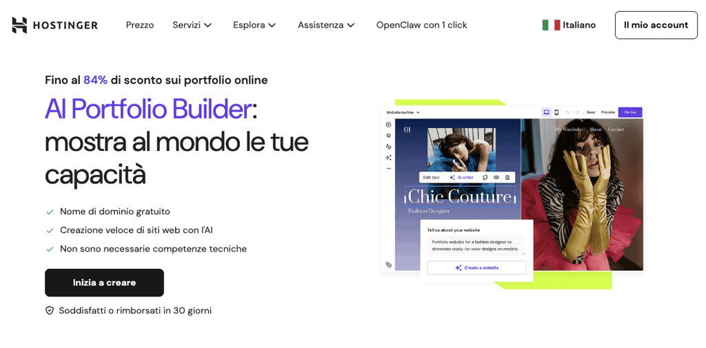 Mockup dell’editor del website builder di Hostinger per un sito web di fotografia