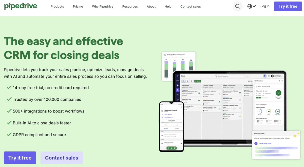 Home page di Pipedrive