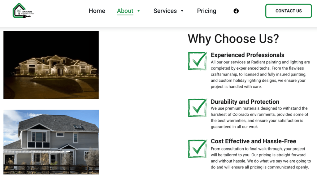 Pagina Chi siamo di Radiant Painting & Lighting