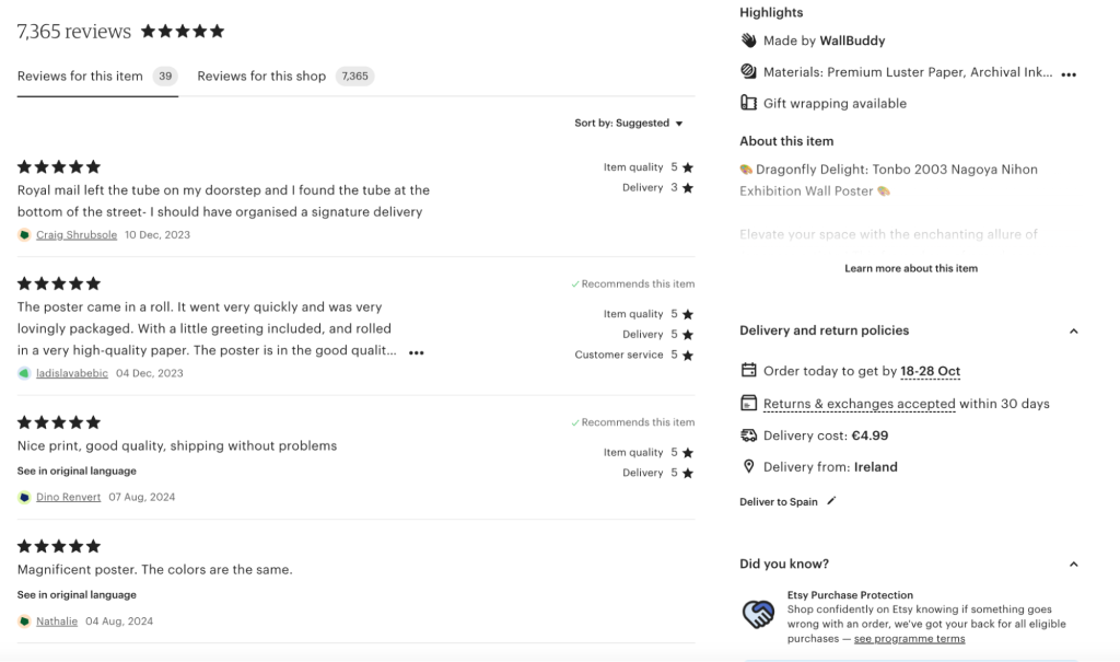Recensioni dei clienti, esempio da Etsy