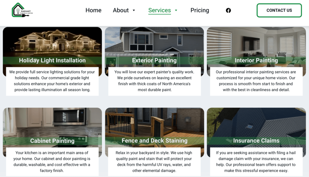 Pagina dei servizi di Radiant Painting & Lighting