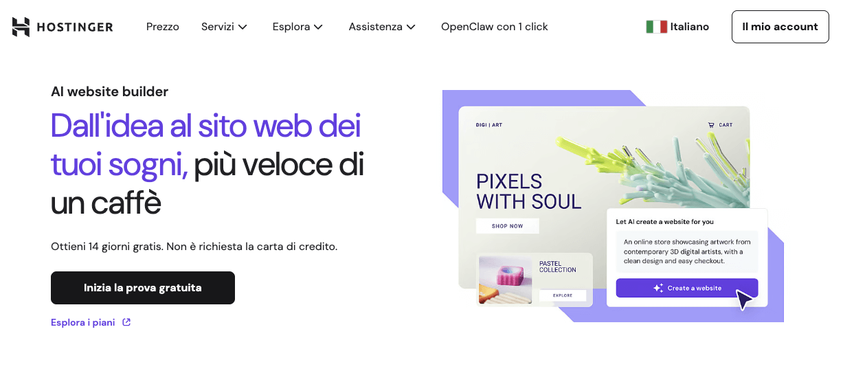 Uno screenshot della pagina di prova gratuita del costruttore di siti web AI di Hostinger