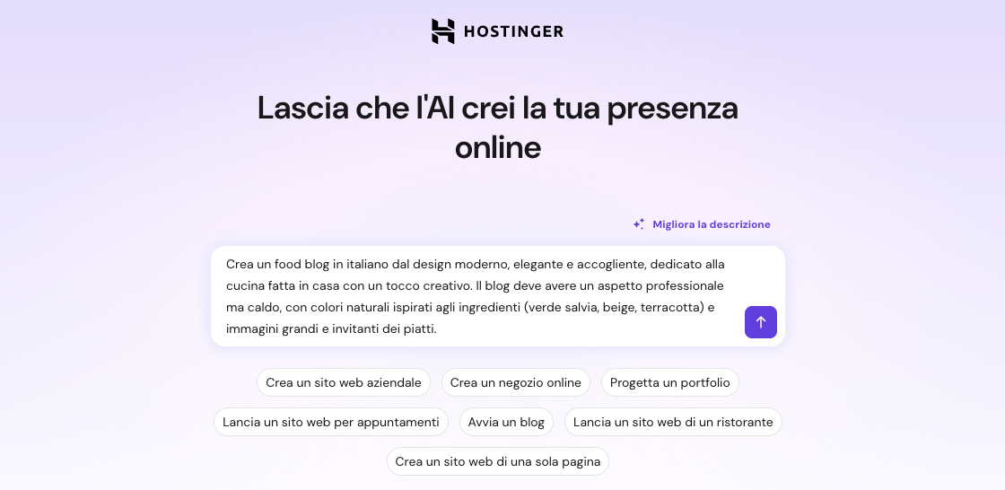 Uno screenshot dell'interfaccia del costruttore di siti web di Hostinger, che mostra una finestra di dialogo per inserire la richiesta relativa al sito web.
