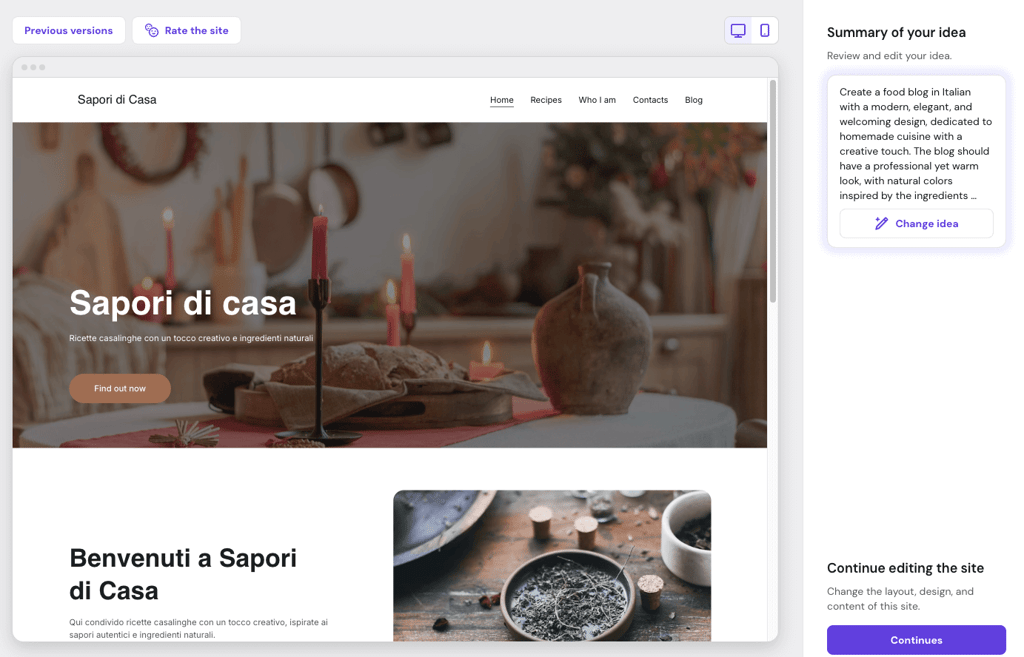 Esempio di blog generato dal website builder AI di Hostinger in modalità anteprima