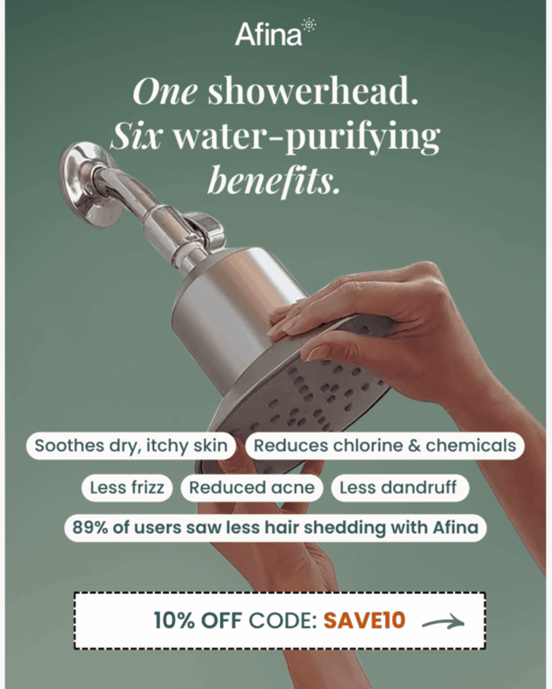 Campagna di email marketing di Afina che mostra il suo soffione doccia purificante per l’acqua