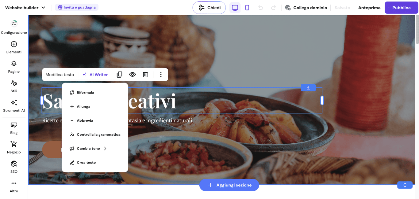 Editor di Hostinger che mostra la barra degli strumenti di AI Writer