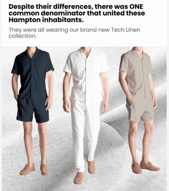 Campagna di email marketing di Birddogs che mostra la collezione Tech Linen