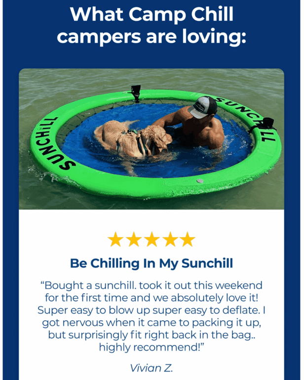 Campagna di email marketing Camp Chill che mostra la foto di un cliente