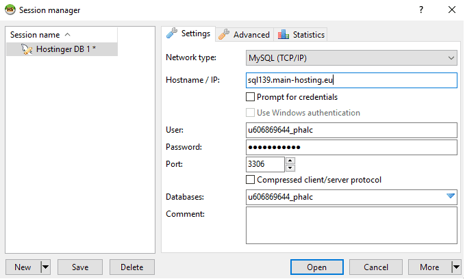 Inserimento dei dettagli del database MySQL nella schermata di configurazione di HeidiSQL