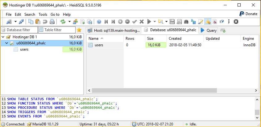 Connessione riuscita a un database con HeidiSQL