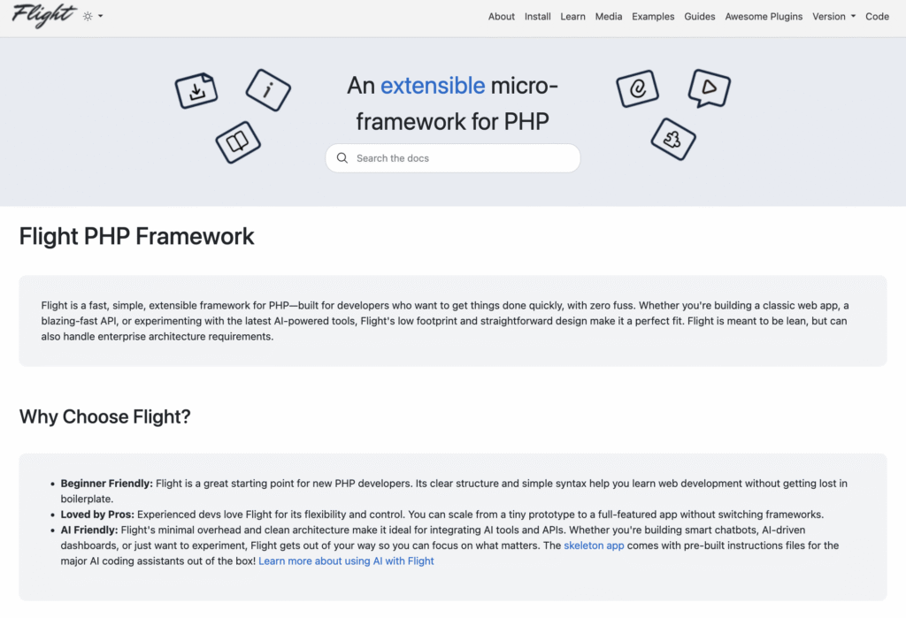 La homepage ufficiale di Flight PHP