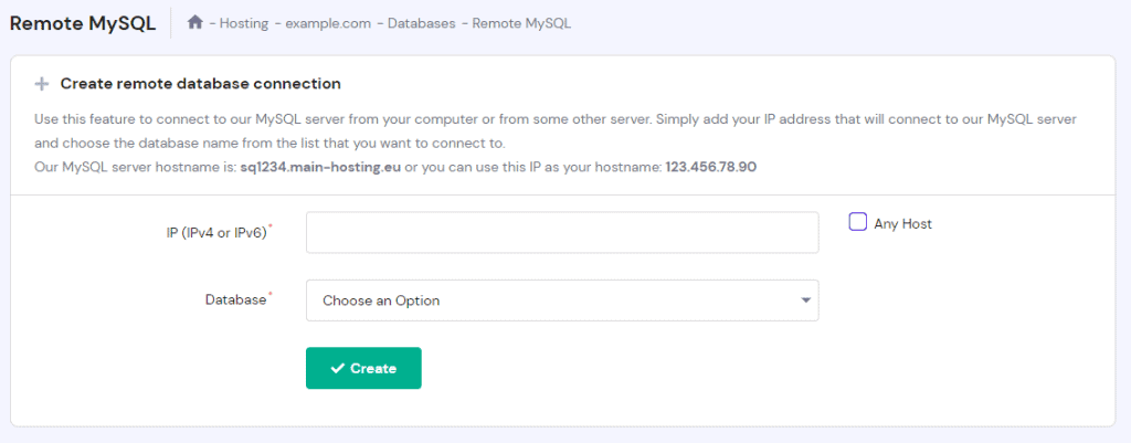 Crea la sezione della connessione al database remoto su hPanel