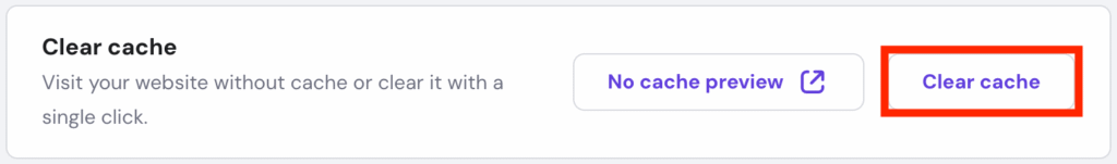 Il pulsante Cancella cache nella dashboard di gestione del sito web di hPanel