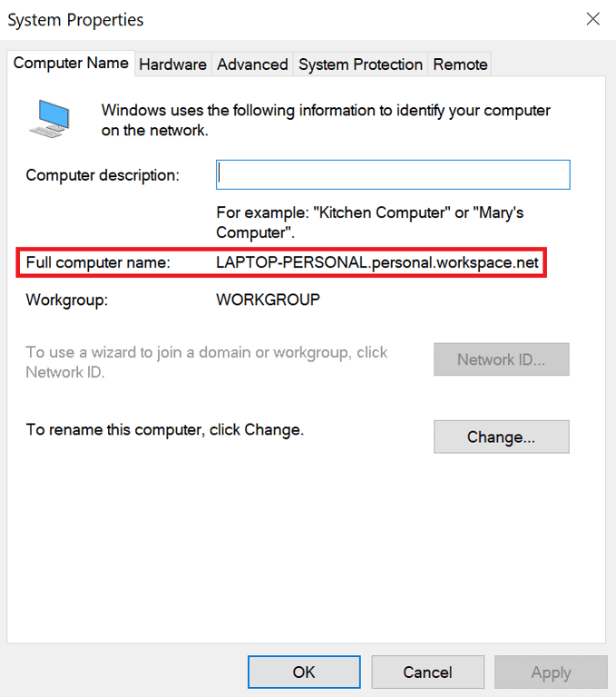 Proprietà di sistema di Windows, con evidenziazione del nome del computer