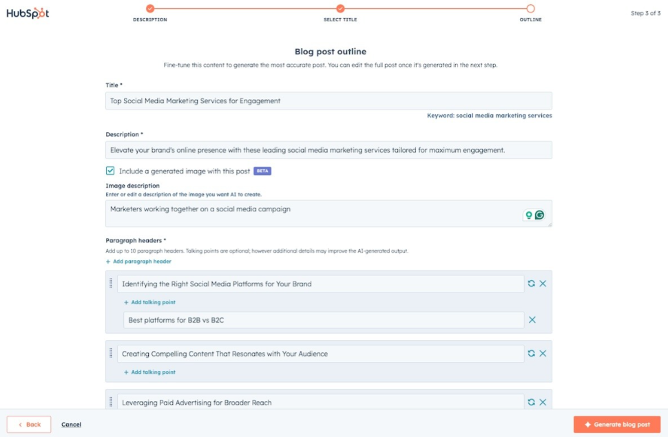 Creazione della scaletta del post del blog di Breeze