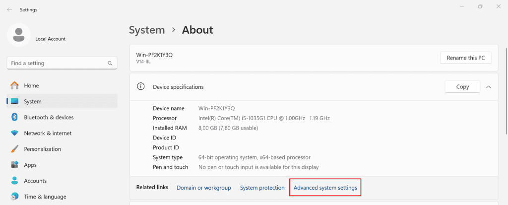 Sistema Windows, con il menu Impostazioni di sistema avanzate evidenziato
