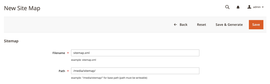 Pannello di amministrazione di Magento che mostra il modulo Aggiungi nuova sitemap con i campi nome file e percorso