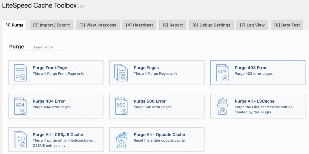 Menu di svuotamento della cache del plugin LiteSpeed Cache

