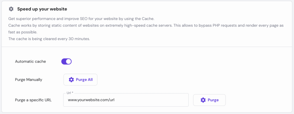 Menu di hPanel per svuotare la cache di un URL specifico