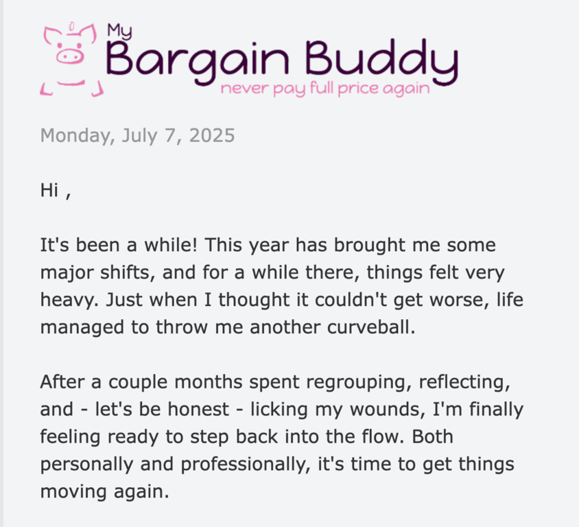 Campagna di email marketing di My Bargain Buddy che mostra la lettera di apertura