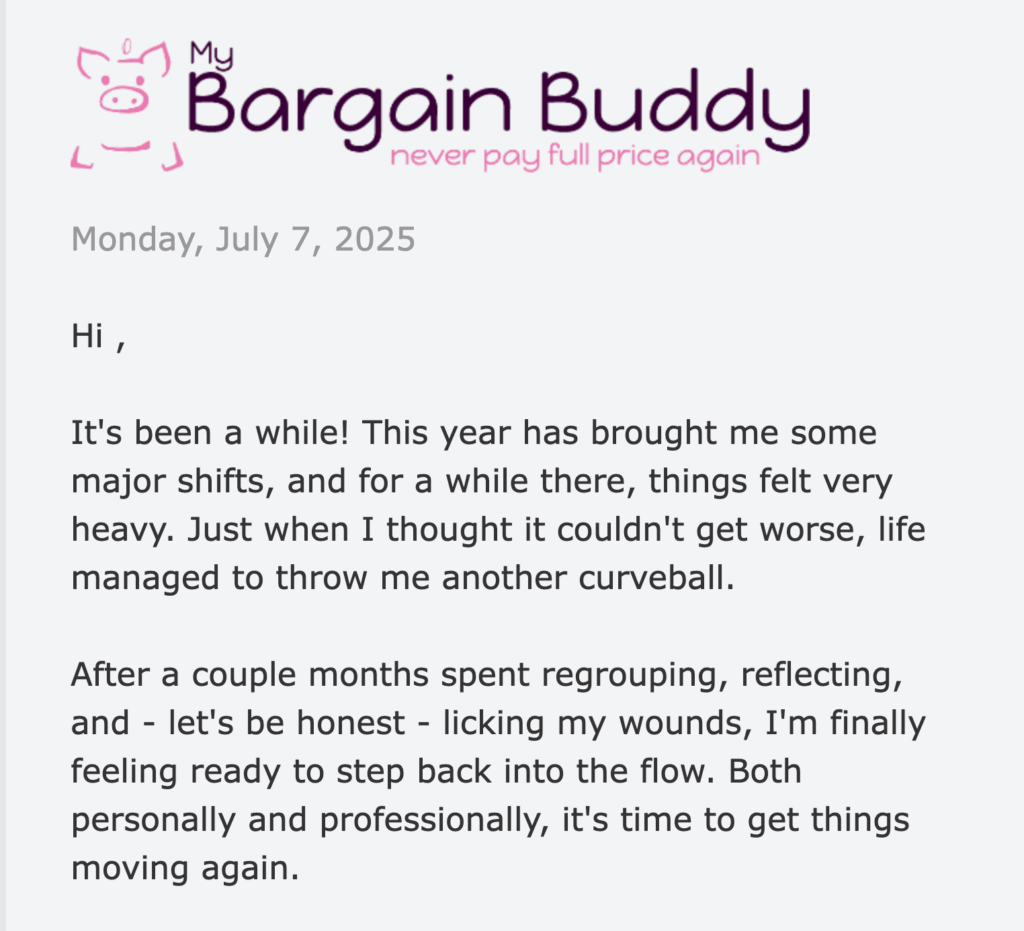 Campagna di email marketing di My Bargain Buddy che mostra la lettera di apertura