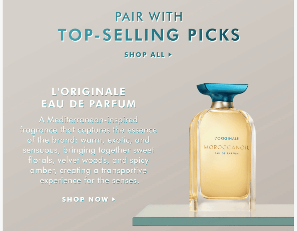 Campagna email promozionale di Moroccan Oil che mostra l’articolo più venduto