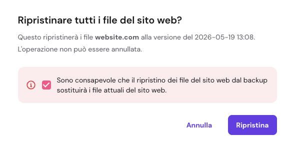 Una casella di controllo di conferma per ripristinare i file del sito web dal backup