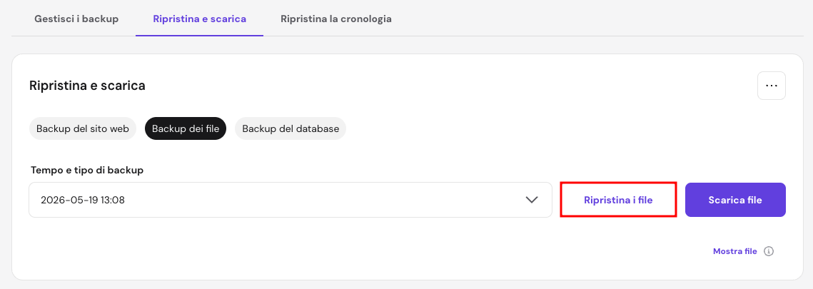 Elenco dei file di backup con tutte le caselle selezionate