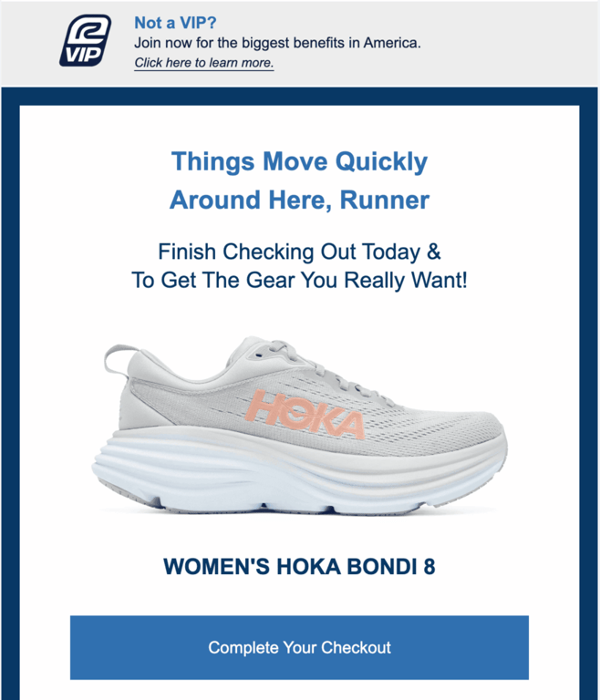 Campagna di email marketing Road Runner per i carrelli abbandonati