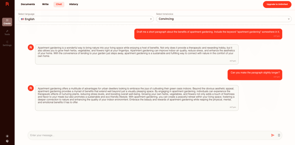 Interfaccia della chat di Rytr