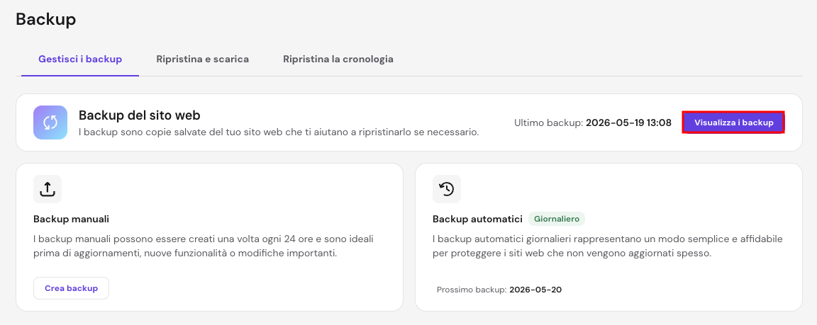 La dashboard Backup con il pulsante Backup file selezionato