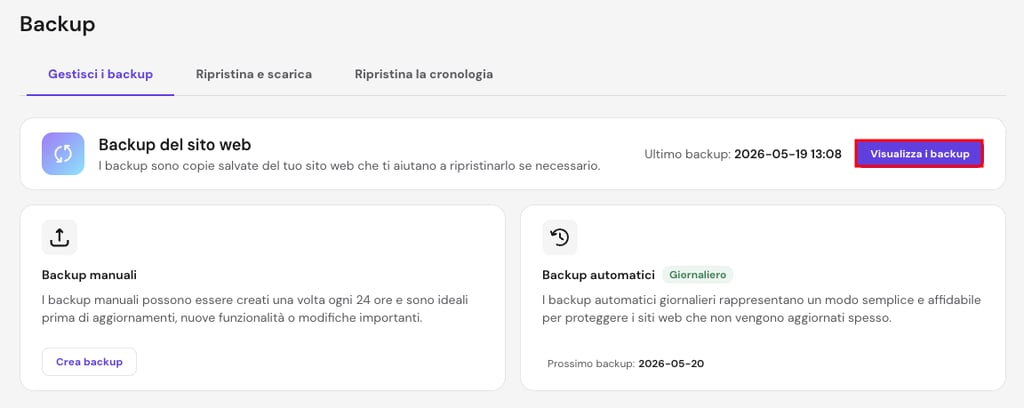 La dashboard Backup con il pulsante Backup file selezionato