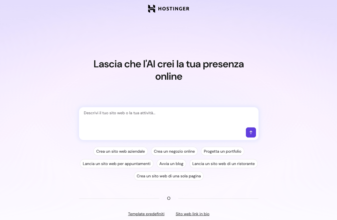 Popup di onboarding dell’AI di Hostinger per i prompt