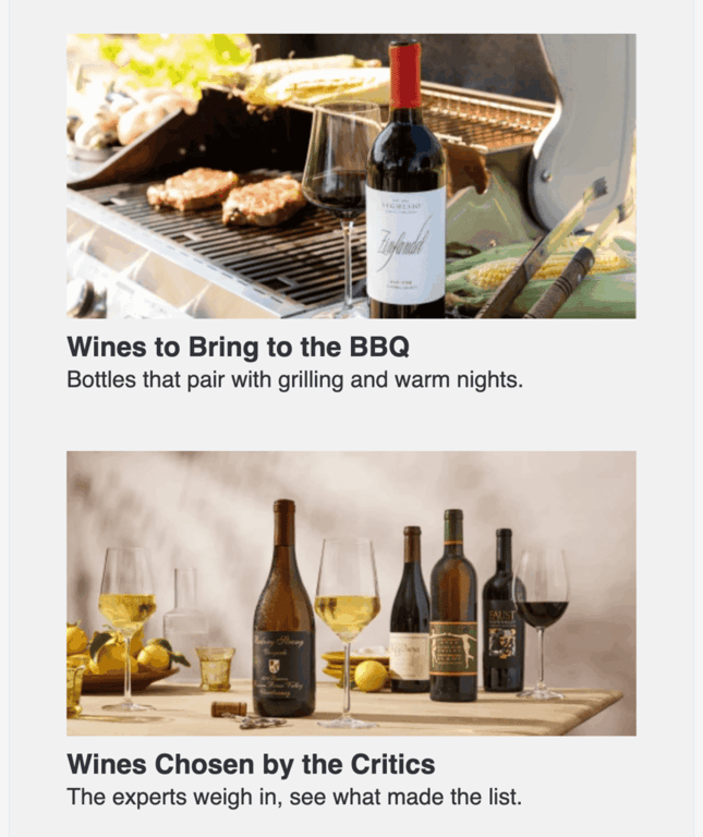 Campagna di email marketing di Wine.com che mostra contenuti educativi