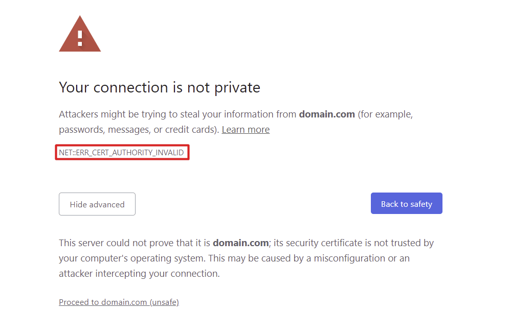Il codice di errore ERR_CERT_AUTHORITY_INVALID in Chrome