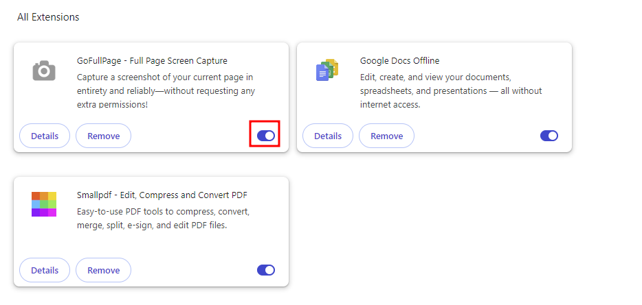 L'elenco delle estensioni di Chrome, con il pulsante di disattivazione evidenziato