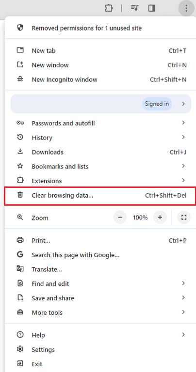 Barra dei menu di Google Chrome, con l'opzione per cancellare i dati di navigazione evidenziata