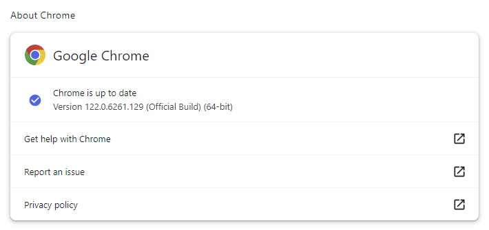 Sezione “Informazioni su Chrome”, contenente informazioni sulla versione